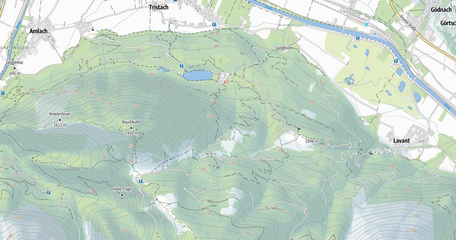 Topografische Karte mit Schutzzonen Tristach.