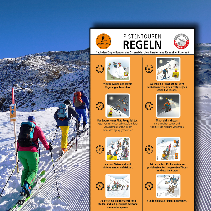 Photo of ski touring walkers on the edge of the slope with rule sign superimposed.