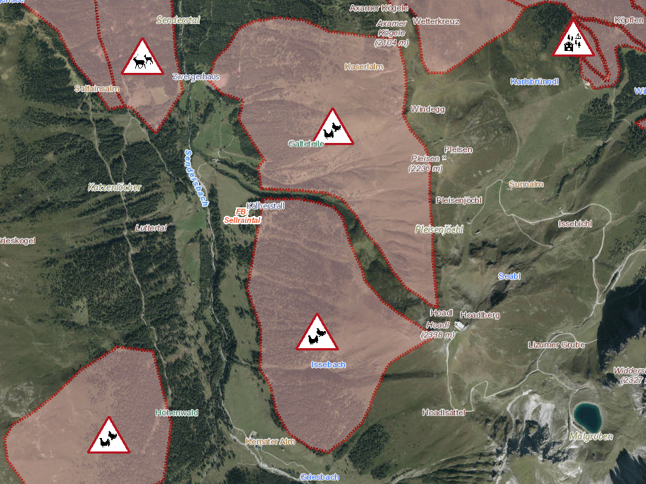 Ausschnitt aus tirisMaps mit Schutzzonen im Bereich der Hoadl-Westhänge. © Land Tirol