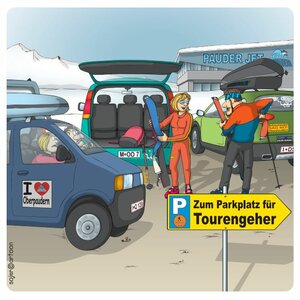 Cartoon. Piste tourers occupy parking spaces close to the cable car.