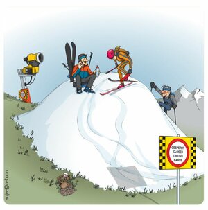 Cartoon. Ski tourers on a blocked artificial snow pile.