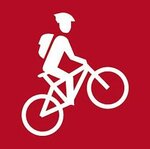Piktogramm MTB Route leicht: Baluer Hintergrund mit weisem Mountainbiker bergauf fahrend. Symbol für "mittelschwere" MTB Routen.