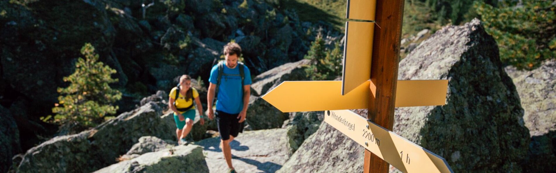Photo of a path sign. The focus is on the sign, hikers use the path behind it.