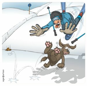 Cartoon. Freilaufender Hund auf Piste bringt Skifahrer zu Sturz.