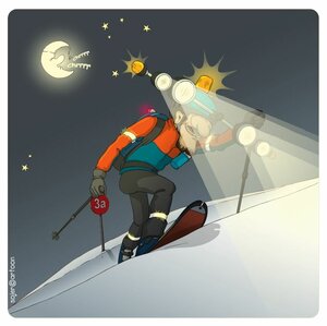 Cartoon. Tourer with numerous headlights on his head ascends in the night übner slope.