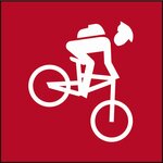 weißer Biker auf rotem Hintergrund, Singletrail Schwierigkeitsklasse "mittelschwierig" rot