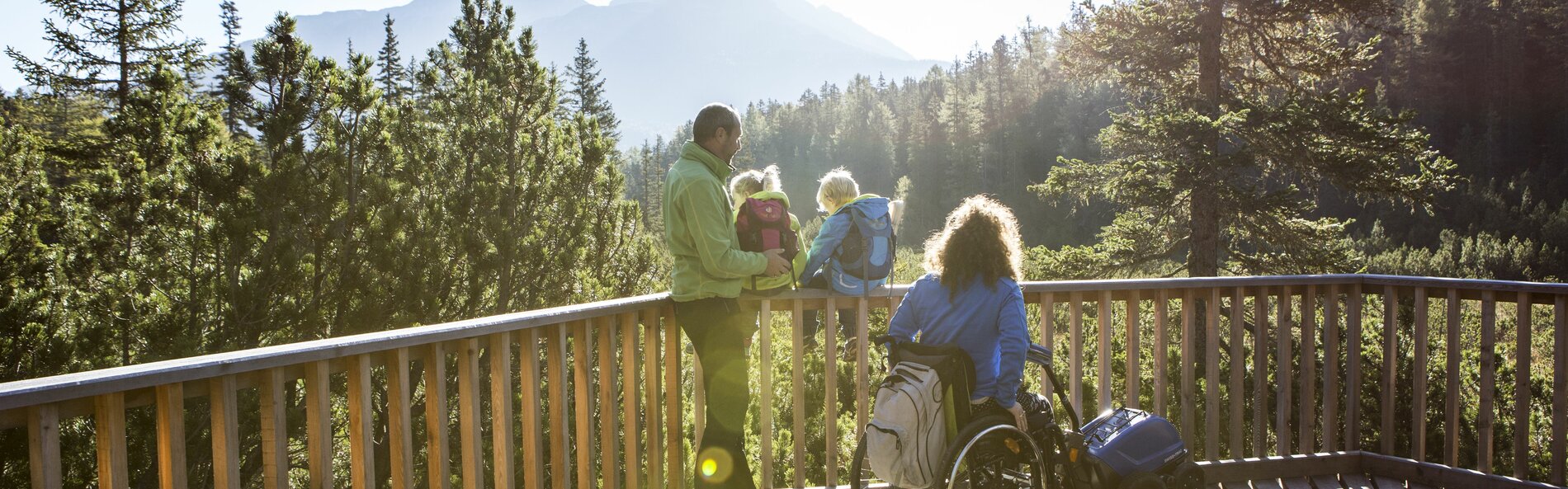 Vier Personen auf einem Holzsteg, eine Person im Rollstuhl genießen den Ausblick. 