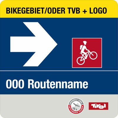 Richtungschild Mountainbikeroute blau mit weißem Pfeil und Schrift. Rotes Piktogramm für die Schwierigkeitsklasse "mittelschwer".