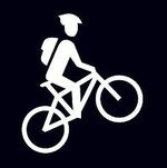 Piktogramm MTB Route leicht: Baluer Hintergrund mit weisem Mountainbiker bergauf fahrend. Symbol für "schwere" MTB Routen.