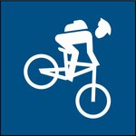 weißer Biker auf blauem Hintergrund, Singletrail Schwierigkeitsklasse "leicht" blau