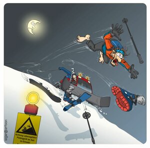 Cartoon. Abfahrender Skitourengeher stürzt kopfüber über ein gespanntes Stahlseil einer Pistenraupe.