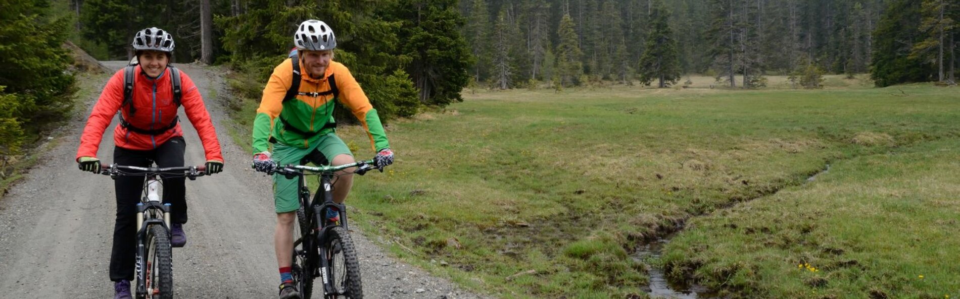 Zwei Mountianbikere nutzen eine Mountianbikeroute. rechts davon ist eine Wiese, im Hintergrund Wald.