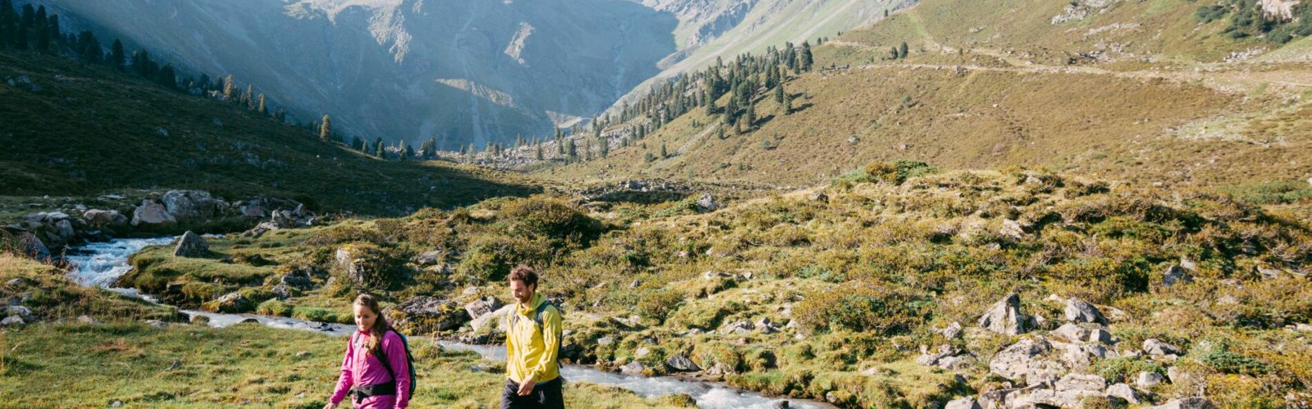 End of valley; alpine pasture; stream; two hikers