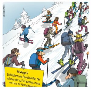  Cartoon. Countless piste tourers force skiers and snowboarders to slide off the edge of the slope.
