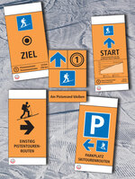 Collage with several different signs of the piste tour guide system.