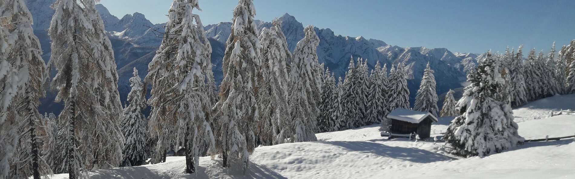 Malerische Winterlandschaft mit Tiefschnee, ein Stadel im Vordergrund © Andreas Angermann