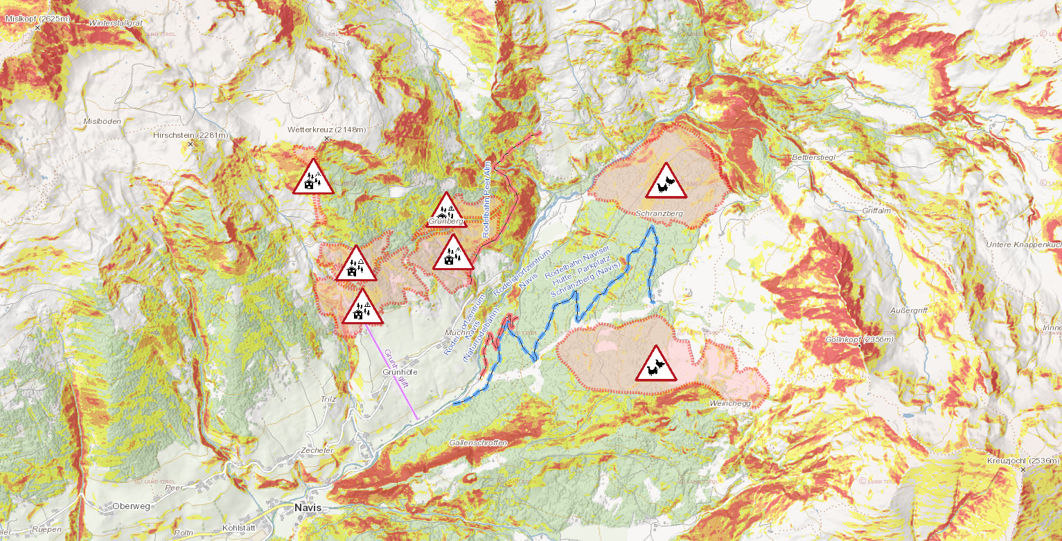 Ausschnitt aus tirisMaps mit Schutzzonen im Projektgebiet Navis © Land Tirol Ausschnitt aus tirisMaps mit Schutzzonen im Projektgebiet Navis © Land Tirol