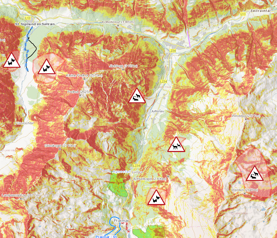 Kartenausschnitt der Wildschutzzonen im Sellraintal © Land Tirol