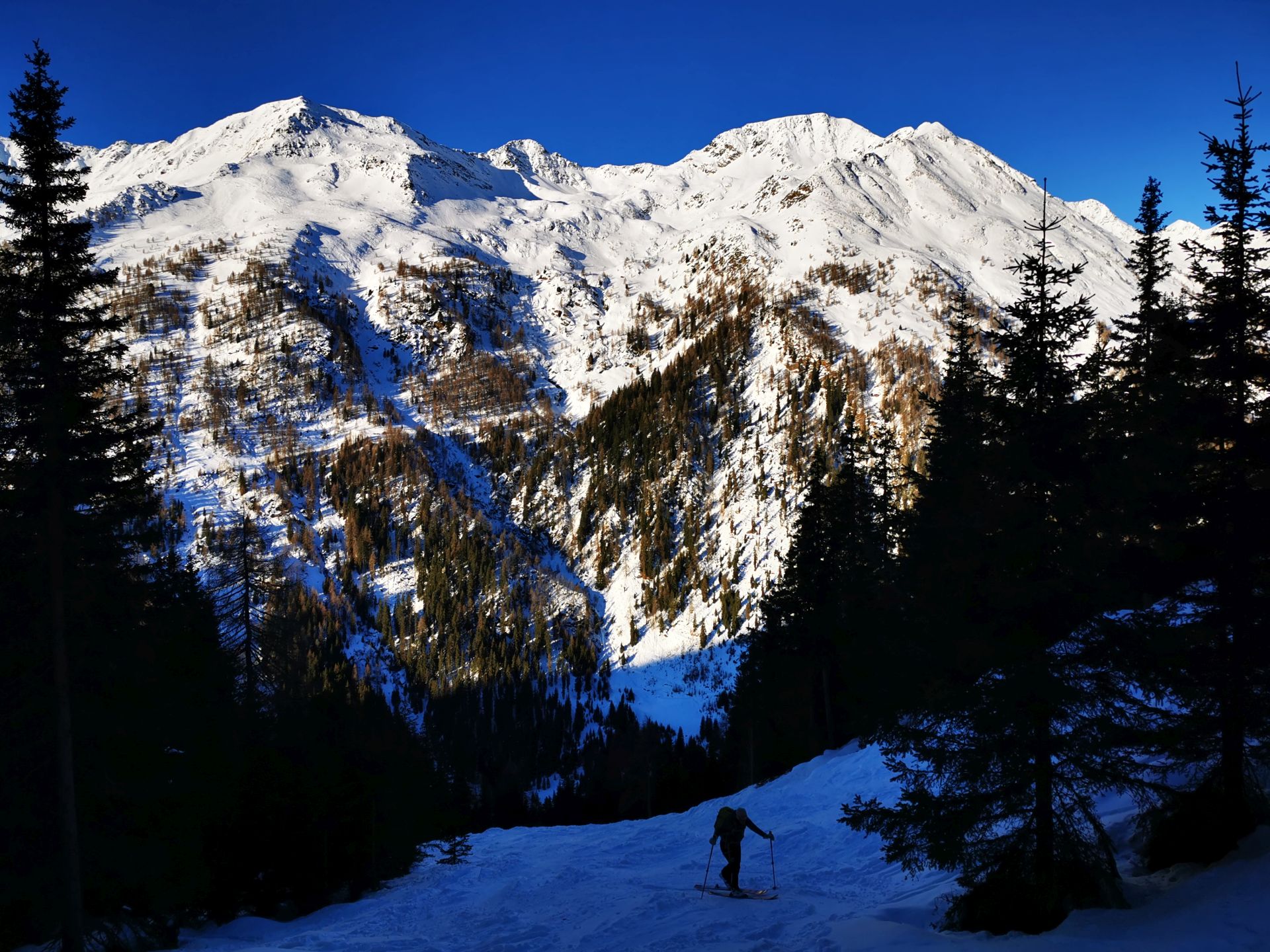 Schitourenschneise mit Bergpanorama