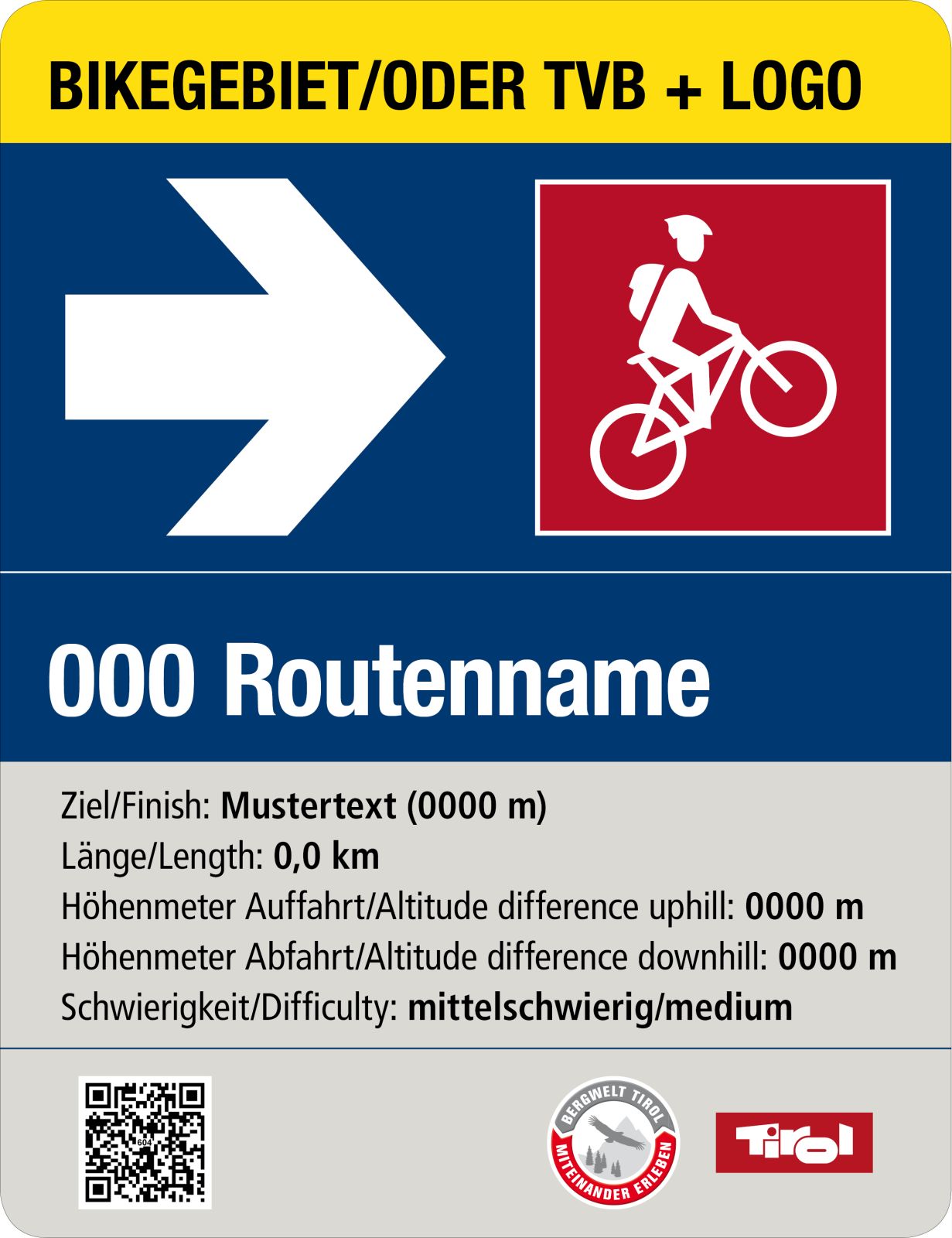 Ausgangsschild MTB Routen mit blauem Hintergrund und weißer Schrift. Die Informationen zur Route sind im unteren Teil des Scildes auf grauem Hintergrund und schwarzer Schrift hinterlegt.