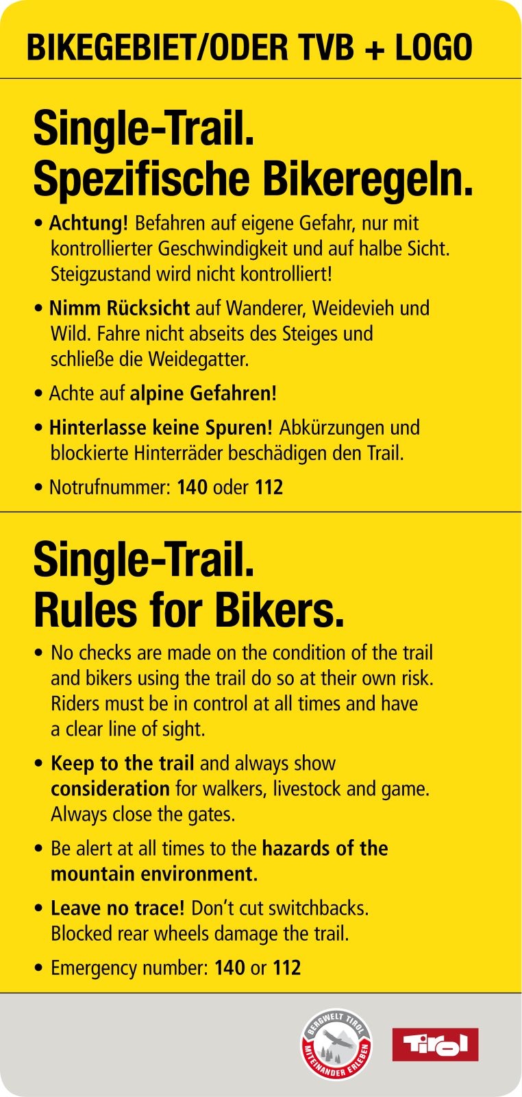 Spezifisches Verhaltensreglen Singletrail gelb mit schwarzer Schrift. Größe 20 mal 42 Zentimeter.