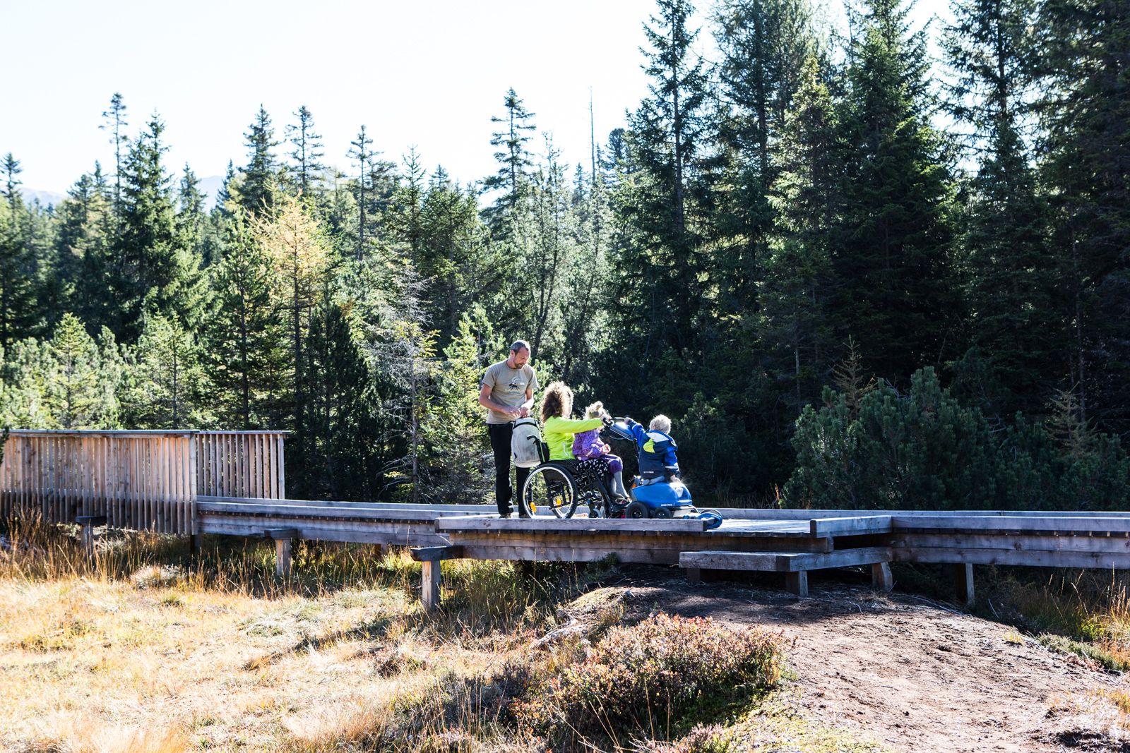 Vier Personen, eine davon mit Rollstuhl sind auf einem Holzsteg, welcher über moorige Landschaft führt.