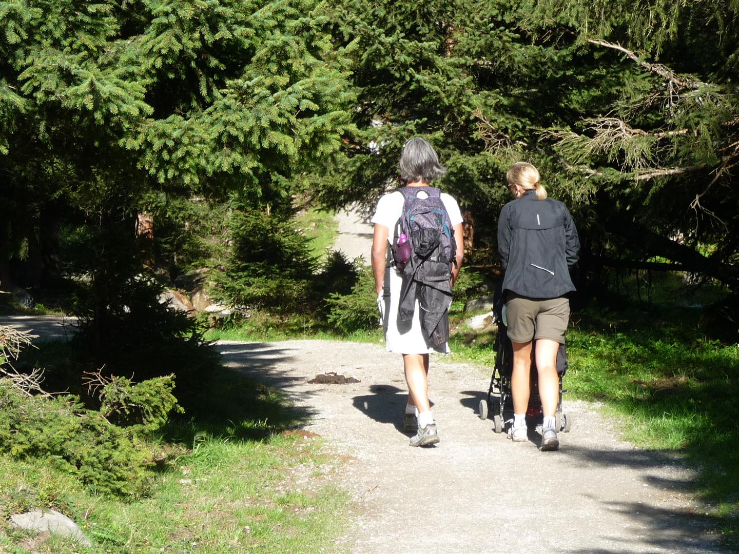 Gravel path with forest on the left and right; a couple walks with stroller - view from behind