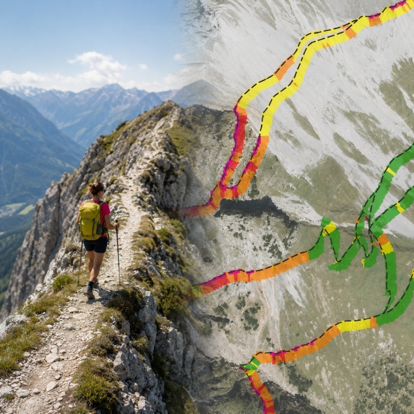 AI-generated illustrative image of a hiker on an exposed ridge trail beside a colour-coded Exposure Map. The image illustrates the connection between real terrain and the digital assessment of trail exposure.