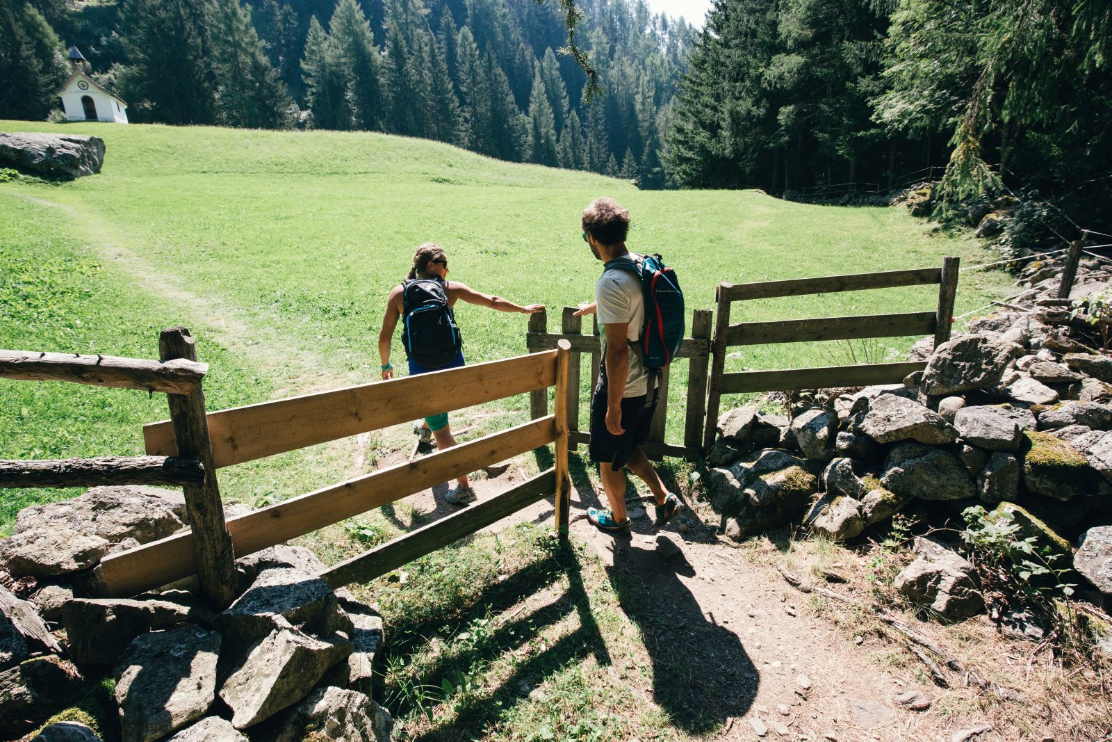 fence; gate; alpine meadow; two hikers 