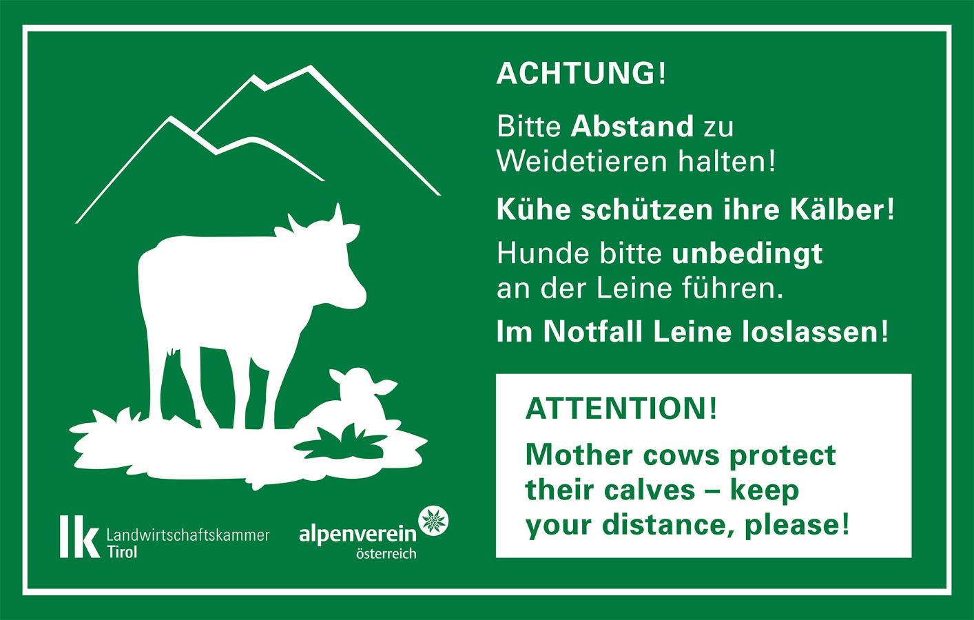 Achtung! Bitte Abstand halten! Kühe schützen ihre Kälber! Hunde bitte unbedingt an der Leine führen. Im Notfall Leine loslassen!