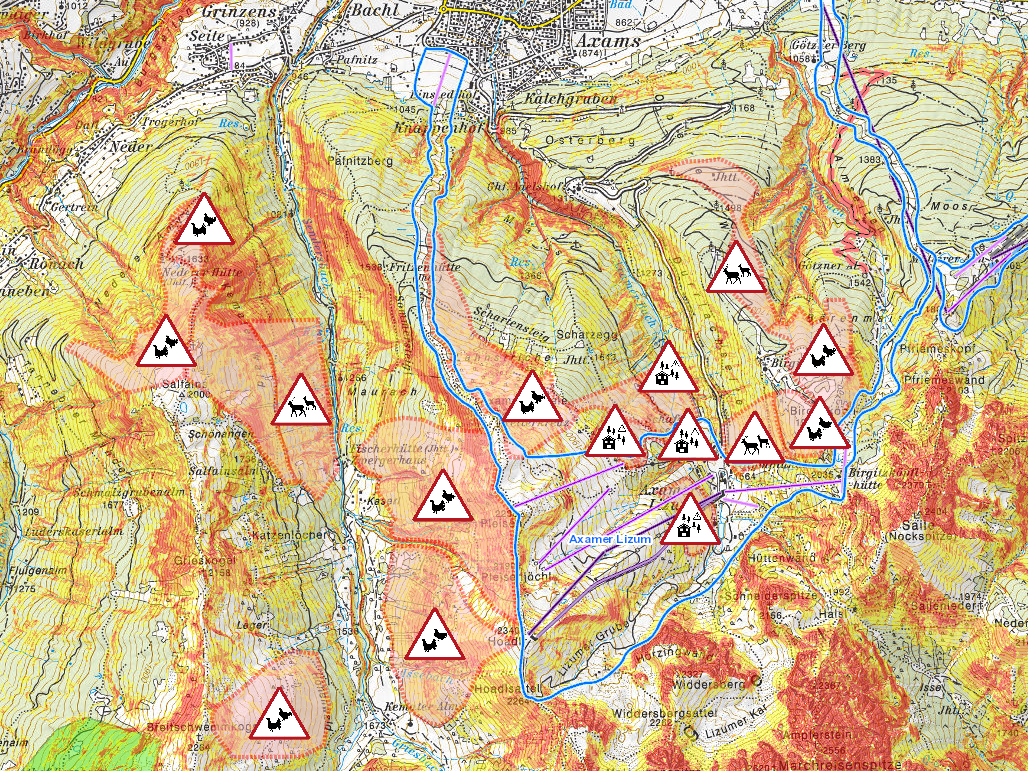 Ausschnitt aus tirisMaps mit Schutzzonen und Hangneigungen im Projektgebiet Axamer Lizum. © Land Tirol
