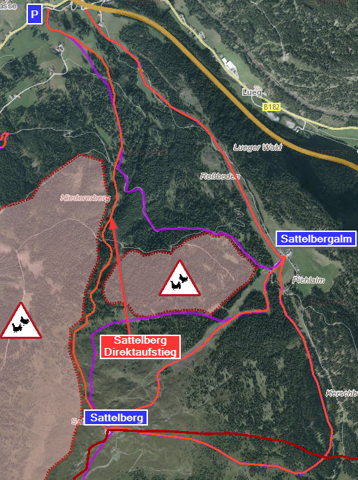 Karte Sattelberg mit Schutzzonen und Skitouren